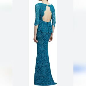 Alice & Olivia Stacey Bendent Regina Peplum Teal Crochet Dress Gown